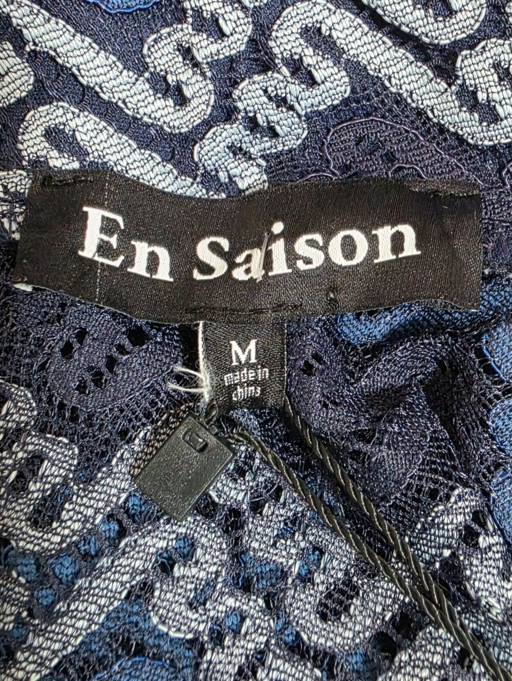 En Saison Lorrae Navy Tonal Zigzag/Chevron Pattern Lace Midi Dress, M, Boho Fall - Picture 14 of 16